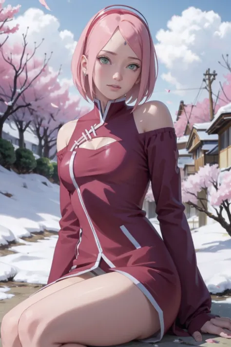 tmasterpiece， best quality at best， 1girl， sakura haruno， small breasts，off-the-shoulder attire，（cleavage)，（upperbody)，raised se...