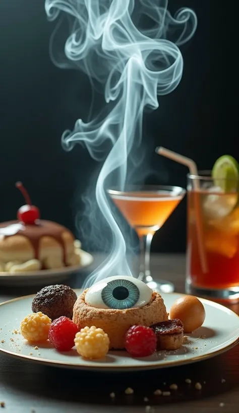 Is it possible to create a flowing ，A waterfall of cigarette smoke and a delicious ice cream effect in the shape of a human eye，Packed in an upscale dinner plate ， surrounded by drinks and desserts ，Very realistic and detailed， Best Quality 