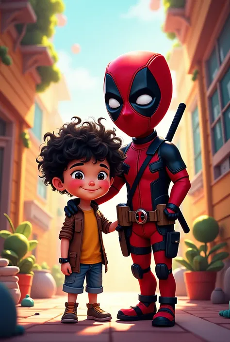 Pixar poster of a boy with curly black hair next to Deadpool