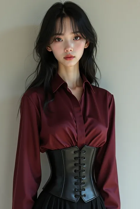 An Asian boy with feminine features wearing a wine-colored long-sleeved shirt with a black corset 