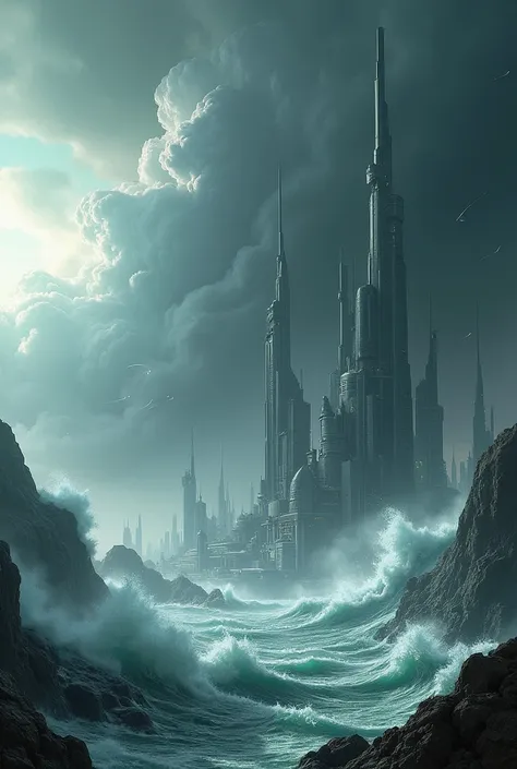 " An advanced civilization living in a futuristic city , with highly developed technology ,  being engulfed by huge waves and an apocalyptic storm .  The sky darkened by water and the falling buildings symbolize the great catastrophe that is to come."
