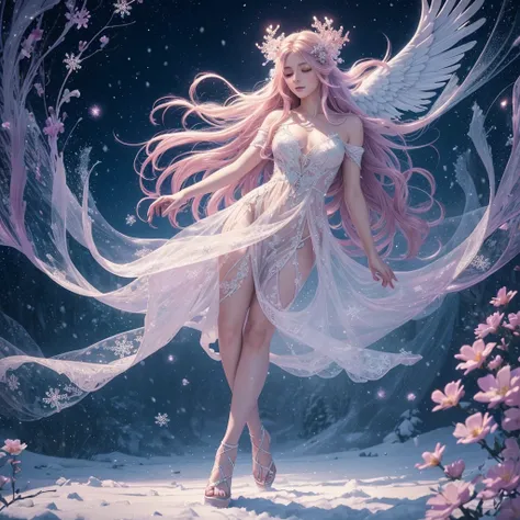 1 angel, age 30, translucent violet angel wings, long billowing blonde hair with pink accent, flowers in hair, (translucent glowing halo on head), (best quality, 4k, 8k, hires, masterpiece:1.2), ultra-detailed, (realistic, photorealistic, photo-realistic:1...