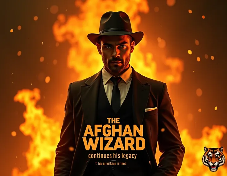 "A confident man wearing a stylish black suit with a tie and a vintage fedora hat, standing in front of a fiery background with glowing embers and swirling orange flames. The atmosphere is intense and dramatic. Add text at the bottom: The Afghan Wizard Con...