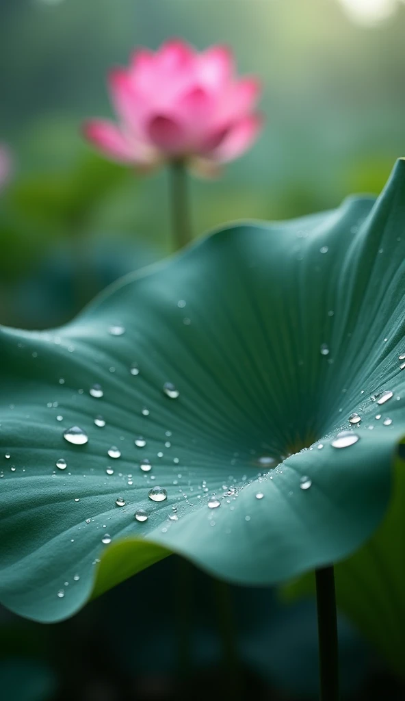 Close-up of water droplets rolling down a large lotus leaf、lotus flower in background、Bokeh