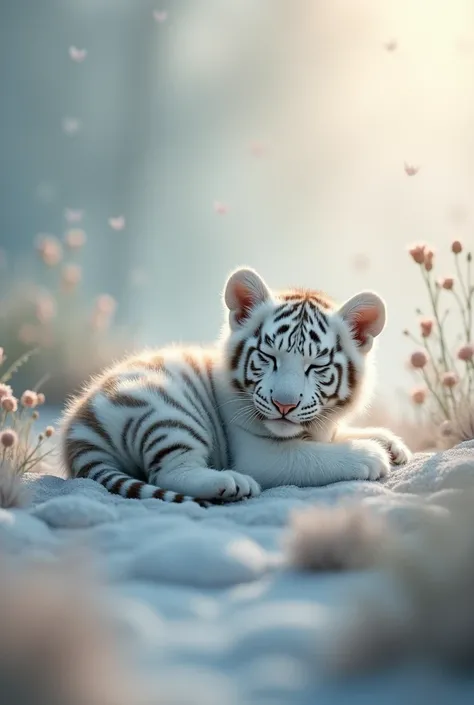 (Surreal)、(Awareness-raising)、(High resolution)、(8k) , The white tiger cub is sleeping and smiling.