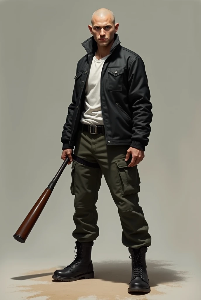 A young white man, with shaved hair, military pants,  Black Military Boots , wearing a black jacket, holding a baseball bat, and a white shirt