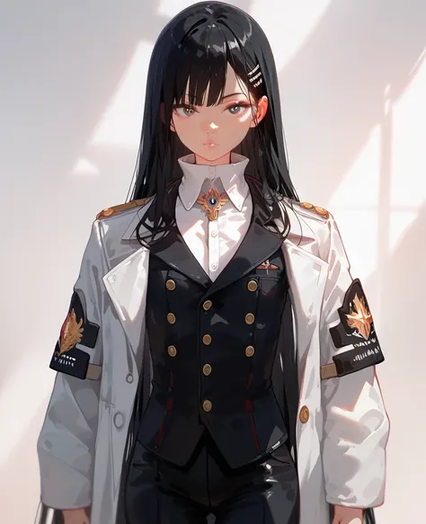 (masterpiece:1.4), (Best Quality:1.4),Portraits,Full Art, very detailed, Complex, very detailed,NSFW, one girl, short, flat chest, very long hair, black hair long straight,Young,Iris, sharp knife with the front closed ,High collar coat,high collared coat ,...