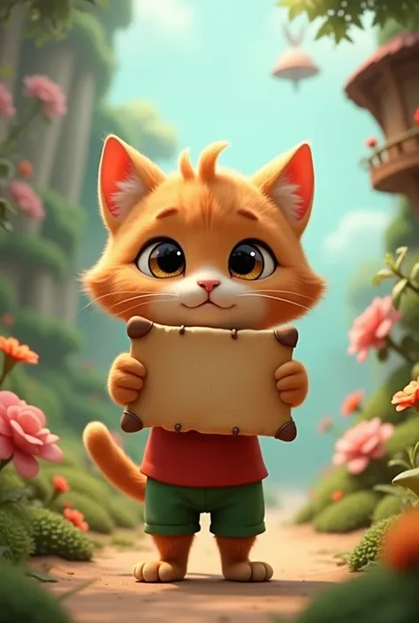 Create a image of a 3D animation cute baby cat, medium size brown hair, wearing a green short,a red t.shirt ,
"Kitty ne kaha, Yeh map mujhe ek purani kahani mein mila tha. Ab hum sab milkar is safar par chalenge!"
