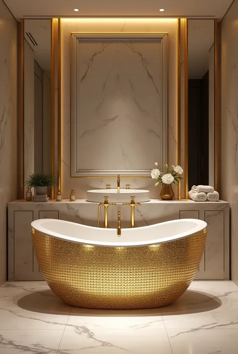 Make me a luxury bathroom with a modern Italian gold and diamond bathtub 