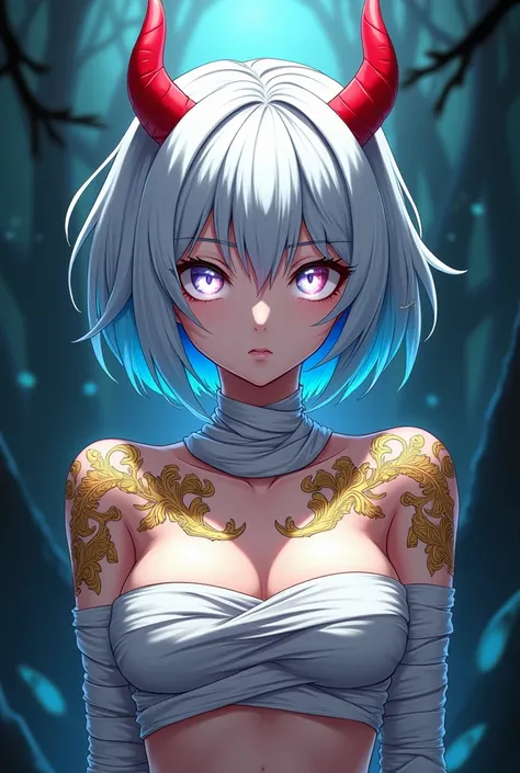  Make the image of a woman with short white hair with sky-blue tips,  bright white eyes , bandages around the neck ,  heterochromia,  red horns ,  wearing only bandages that cover the intimate parts of her body , gold chest tattoos anime style