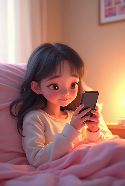 Girl in her room lying down chatting on her cell phone,. animated image . soft colors.
