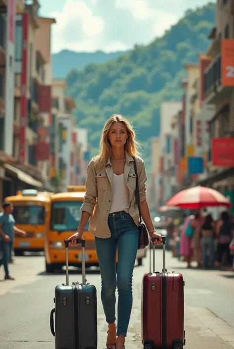  woman arrives in a city like MEDELLIN, COLOMBIA with her suitcases  