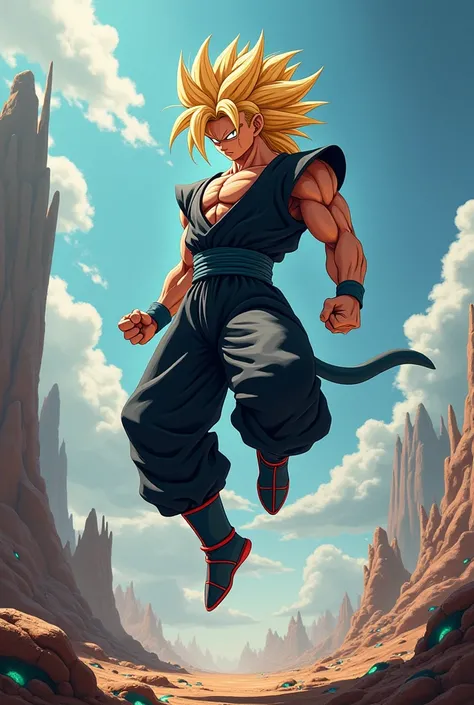  wallpaper ,  anime character Goku dragon ball z ,  in a mythical alien environment scene,  Goku suspended in the air , black kung fu clothing ,  golden hair sayayin Masterpiece ,  tall details, UHD, 