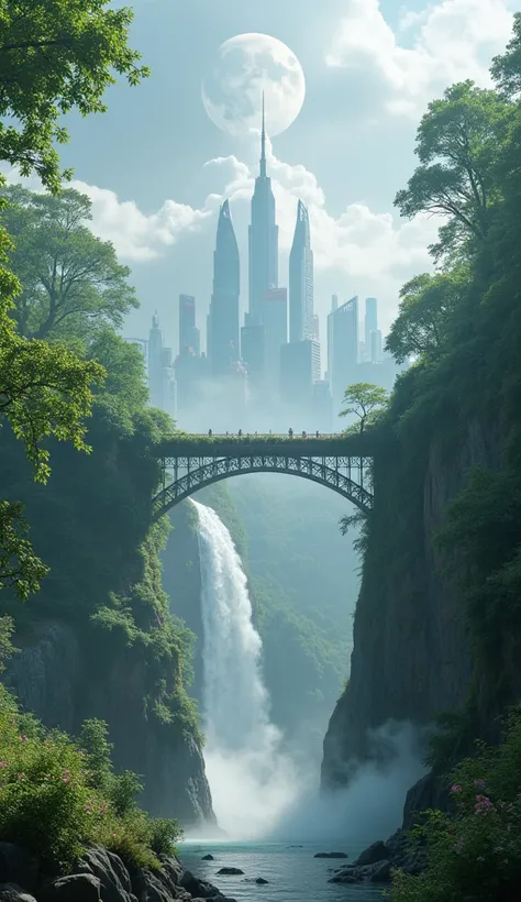 A ghost bridge suspended above a world full of fog connecting the past world to the modern world in a very different atmosphere ,  the modern world presents itself with these majestic buildings deflecting the clouds and the much more natural past tense rem...