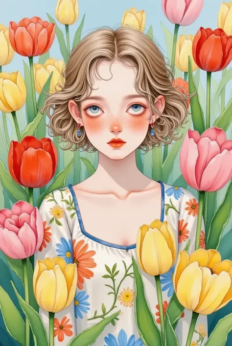 sweet tulip girl， color pencil sketch