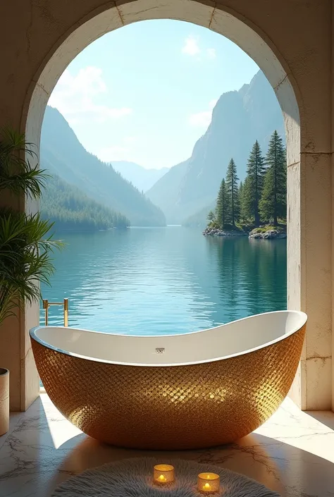 Make me a luxury bathroom with a modern gold and diamond bathtub seen on a clear blue lake