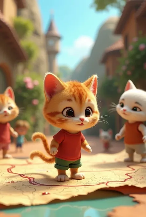 Create a image of a 3D animation cute baby cat, medium size brown hair, wearing a green short,a red t.shirt ,"Jab Kitty aur uske doston ne map ke hisaab se ek purani lakir dekhi, unhone socha kuch ajeeb ho sakta hai."