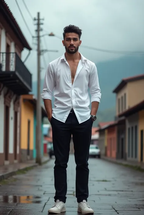  25-year-old man wearing white tea , Rubio 1 . 70 meters high blue garlic .  Attractive and good-bodied on a cold morning in Ibarra Ecuador.  It almost rained .  black pants ,  white shirt.