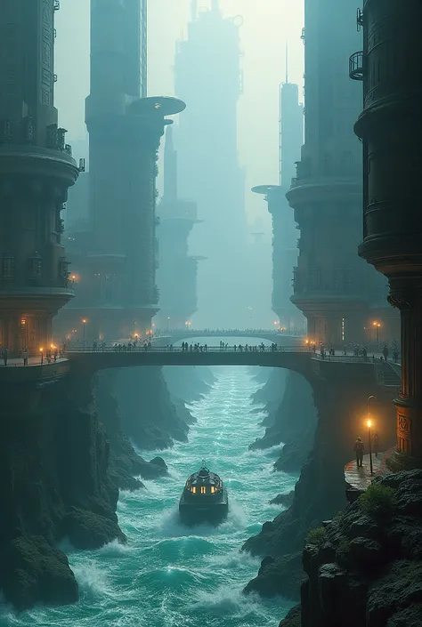 " A vision of a large ancient city ,  with advanced technology visible on the streets and buildings ,  being destroyed by a global flood . The waters invade the city ,  covering everything ,  while the inhabitants try to take refuge in ships or underwater ...