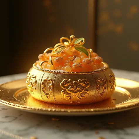 Give me a luxurious plating on food made of gold