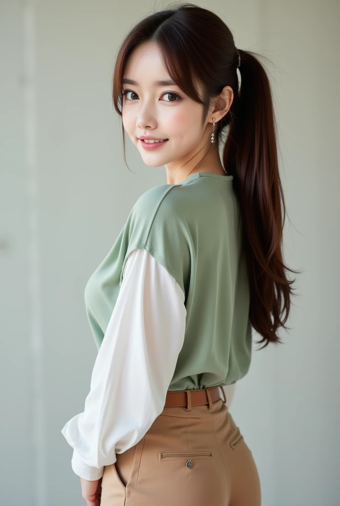 A beautiful Japanese woman with large breasts:1.5, deep cleavage. Wearing white blouse and wearing a flowing sage green blouse with subtle pleats and long sleeves, paired with high-waisted tailored trousers in a warm sand beige and wearing a tan leather be...