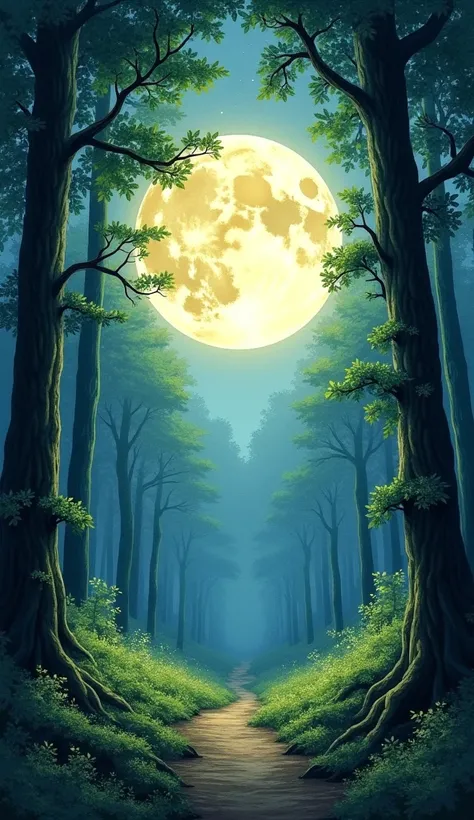 Big full moon seen from inside the forest 。 enhances overall luck and attracts wishes and new happiness。Realistic watercolor painting 。