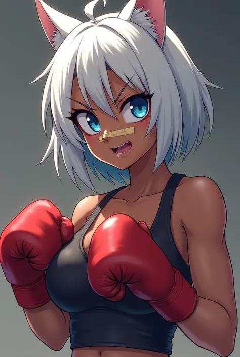 Dark-skinned girl, slim but muscular, athletic build. Her hair is white and short, two white cat ears on her head. Aggressive look, tough attitude. She wears sportswear. She looks at the camera in a challenging way. Close-up, profile photo, high quality, H...