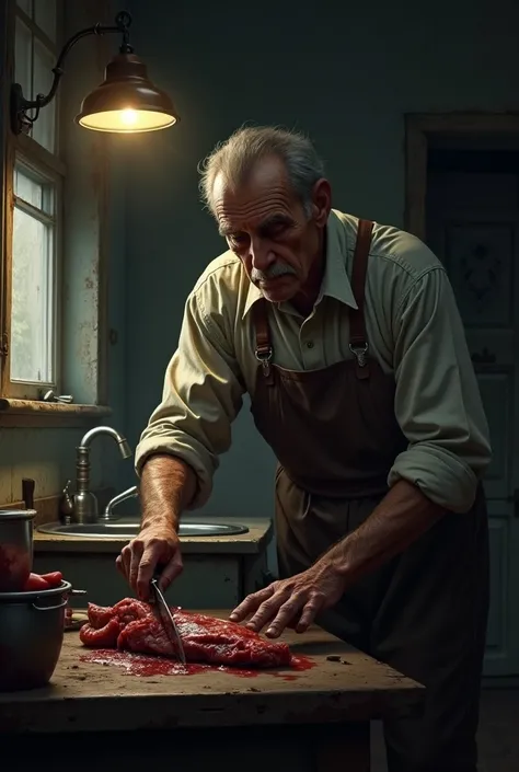 A man in his old kitchen from the year 1930 cutting a piece of meat holding a blood-stained knife in one hand, The environment is dark and nocturnal with low lighting