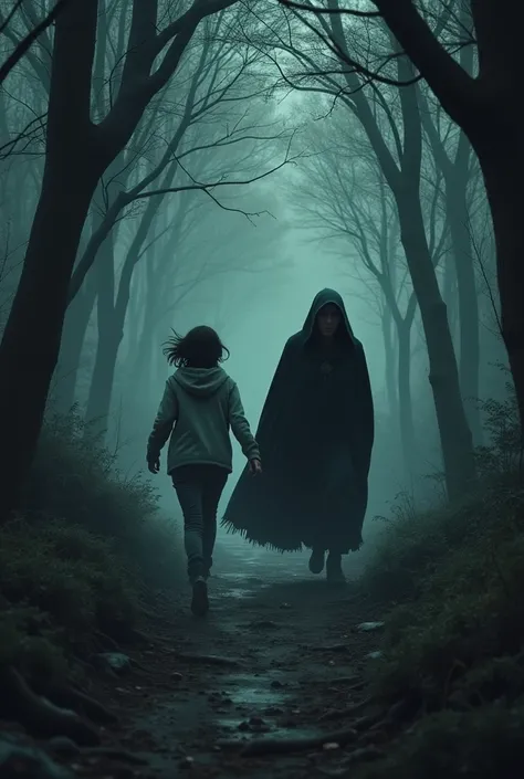  One with black hair,  low forest running from an old lady with a black hoodie on her head,
They are running through a dark 

