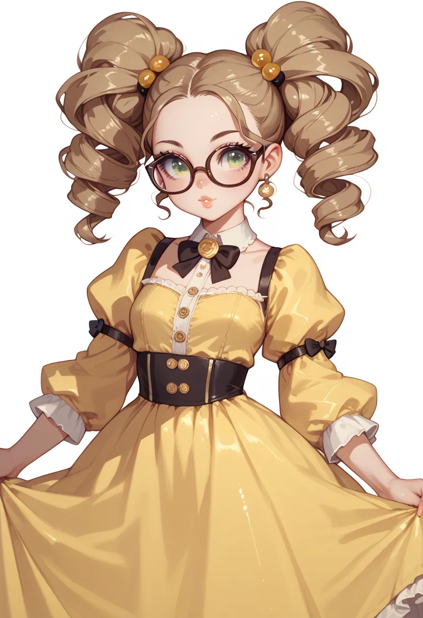 ebony girl, big body,  curly hair in pigtails, dressed in yellow dress , wearing glasses