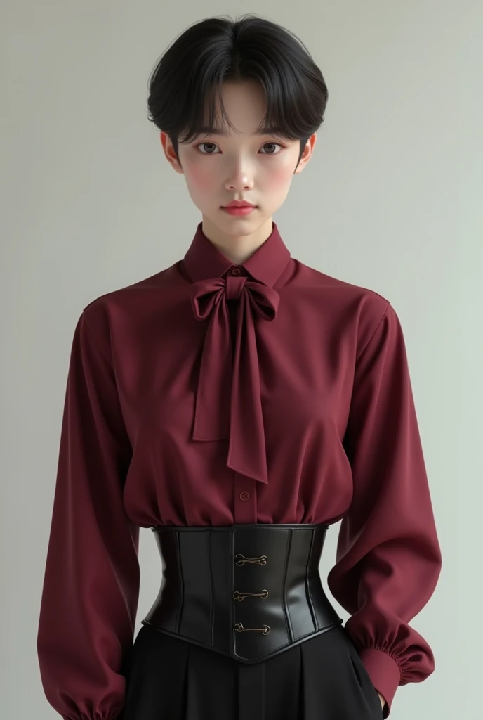 An Asian boy with delicate features wearing an elegant wine-colored long sleeve shirt and a black corset 