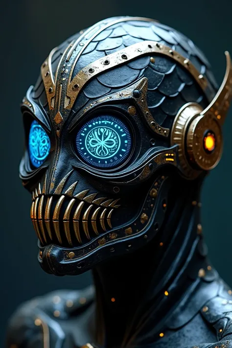 Description: A metallic mask with tribal inspiration mixed with a futuristic design. Made of overlapping metal plates, resembling scales, it has a black finish with golden details that shine discreetly. The eye areas are covered in translucent glass that d...