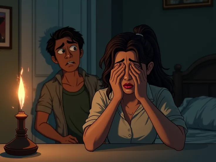 Hermelinda crying ,  with her hands on her face ,  while Alfredo watches her worried .  in the background ,  she sees Aunt Inéss bed and a lamp burning.