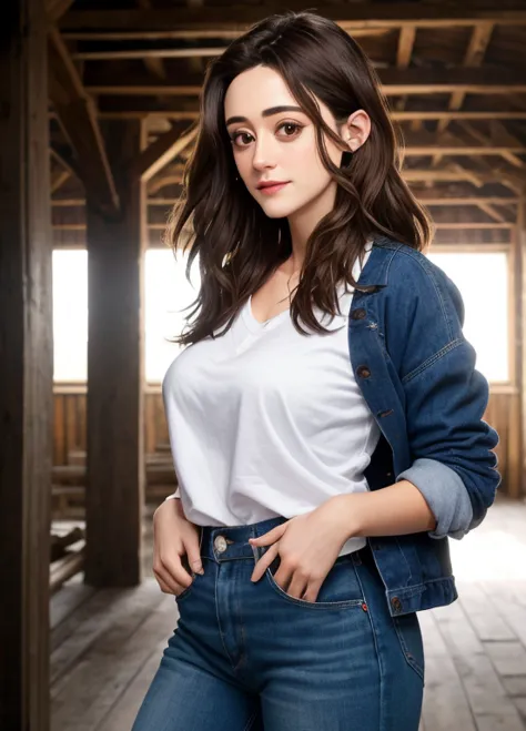 emmy rossum, proud big breasts, vary long hair, wearing casual wear , with dark brown hair, background barn epic (photo, studio ...