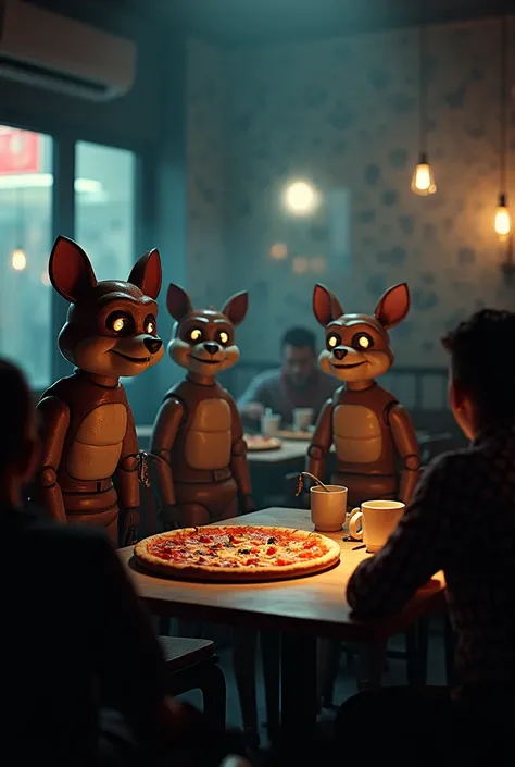 A very dark nighttime pizzeria with 4 animatonic animals with lights and people watching them sitting on chairs while eating pizza
