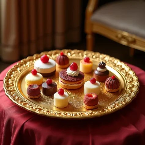 Plate food made of gold in a luxurious way, and draw sweets around