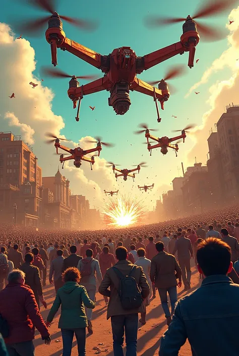 Drones bombers comic color apocalyptic art crowds 3d people running and falling because of cataclysmic warnings leaking from drones