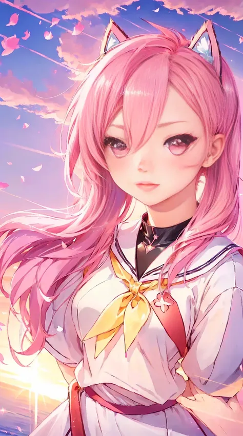 anime girl with pink hair and cat ears standing in front of a sunset, haruno sakura, anime visual of a cute girl, cute anime girl portraits, portrait of cute anime girl, beautiful anime portrait, portrait of an anime girl, portrait anime girl, portrait kni...