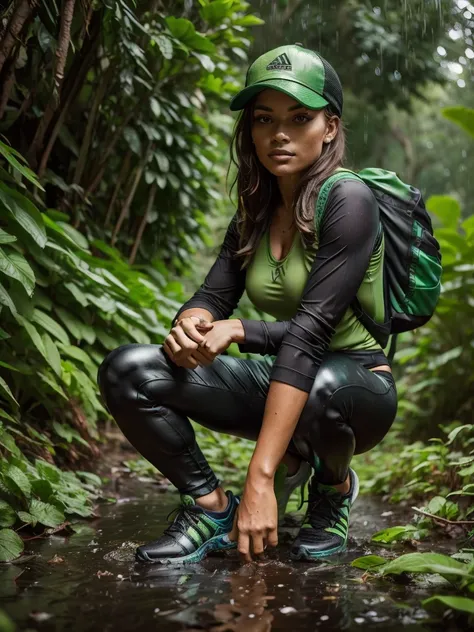 Woman, vibrant outdoor photography, lush green forest background, fitted top with deep neckline, muddy black Adidas leggings below the knees, hiking shoes, backpack, trucker cap, natural lighting, high detail, shallow depth of field,  wet clothes, fine rai...