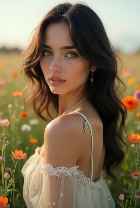  realistic photo ,  masterpiece of a beautiful woman , green-eyed, dark hair,  face similar to Ersa Bilgic, wearing a light dress, It can be a model, In a flowery open field .  full body image .