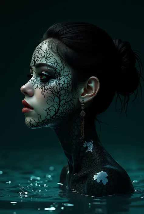 girl in a black background coming out of the water it only has the head that protrudes, precisely starting from the eyes, the background must be a dark, black background with only the reflection of light from the water, style like jibaro love death robots,...