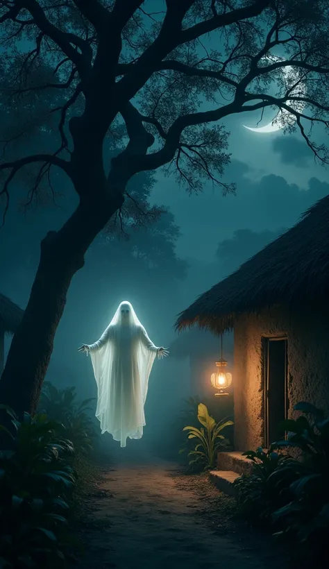 "Create a hauntingly beautiful thumbnail set in a real Bangladeshi village at night. The scene should feature a traditional mud house with a thatched roof, surrounded by dense fog and overgrown plants. A ghostly figure, with pale white or translucent skin,...