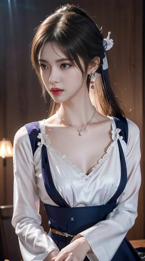 1 beauty in hanfu, thin white silk shirt, (cleavage), variety of textures, white lace blouse, platinum long ponytail, hair acces...