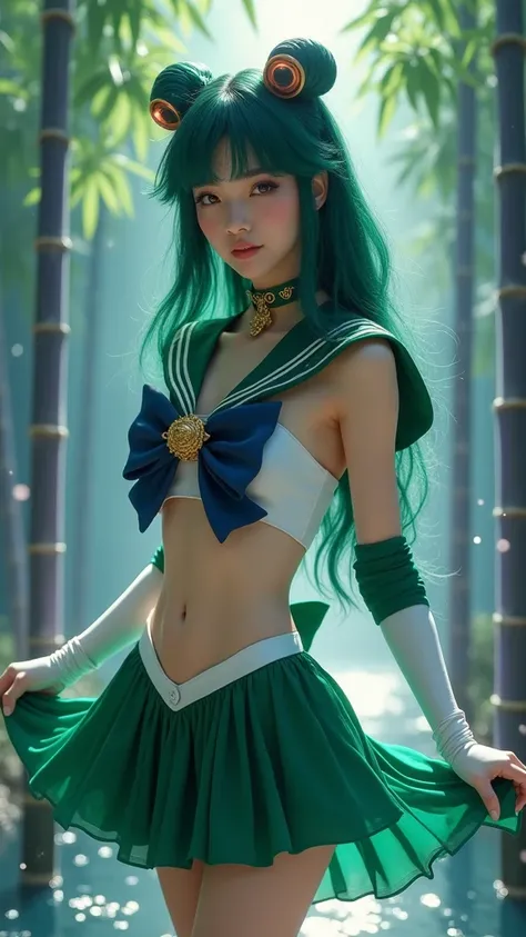 (Qingxu_ Asian beauty portrait realistic photography_V11), (Qingxu_ Asian beauty portrait realistic photography_F.11), (Beautiful Japanese woman cosplay Sailor Moon Senshi uniforms:1.4), dark green hair, medium hair, Supplicant skirt, (White elbow gloves:1...