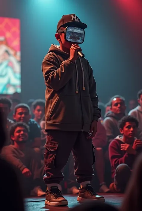  A Venezuelan rapper , with his face censored with pixels and a cap covering half of his face, Also a dwarf ,  you also have to be singing into a microphone, Along with an audience  