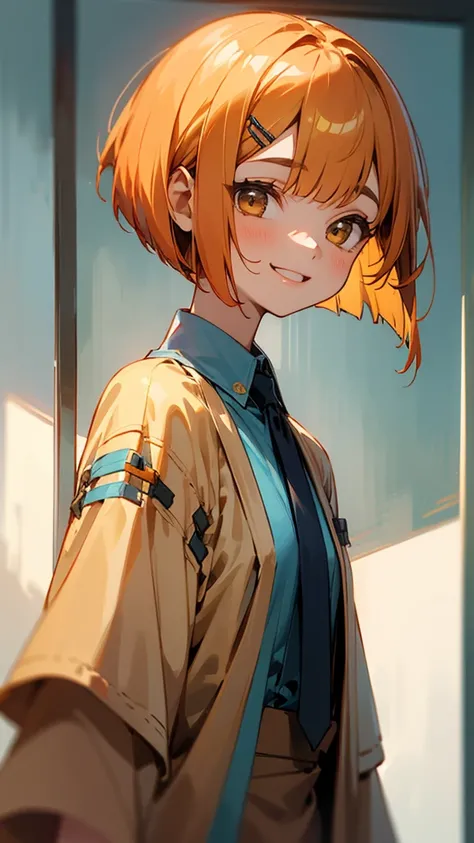  1 Girl 、Closeup of 1 person 、Camel Colored Clothes 、 Shiny Dark Blue Hair、 bob cut from the front、 tie your hair with orange hair clips、 Beautiful Brown Eyes 、wicked smile、joy、From the side、 Upper Body Closeup 