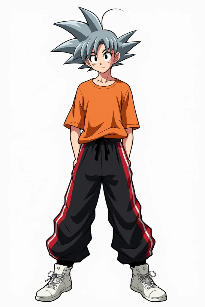  Generate a dragon ball-style image with pointed gray standing hair, orange t-shirt like Goku ,  pans black with two red and white stripes on the sides and white sneakers 