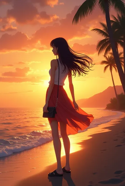 1 Japanese woman in her 30s standing at the seaside 。 the sunset shines in from behind her 、 with a beautiful and prominent silhouette 。Long hair blowing in the wind 、 wears a sleeveless top and a skirt that flutters fluttering。 she has a small handbag 、 w...