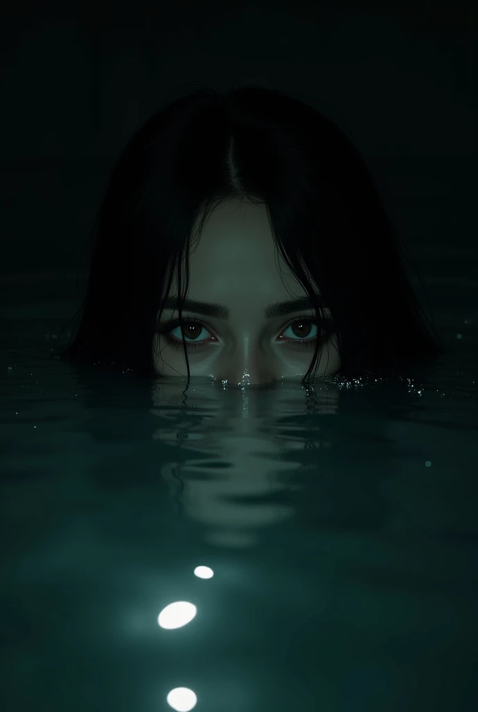 Mysterious girl in a black background coming out of the water it only has the head that protrudes, precisely starting from the eyes, the background must be a dark, black background with only the reflection of light from the water, she like jibaro in love d...