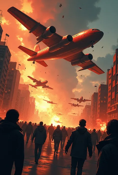 Drones bombers dropping bombs comic color apocalyptic art crowds of people running and falling at great warning 